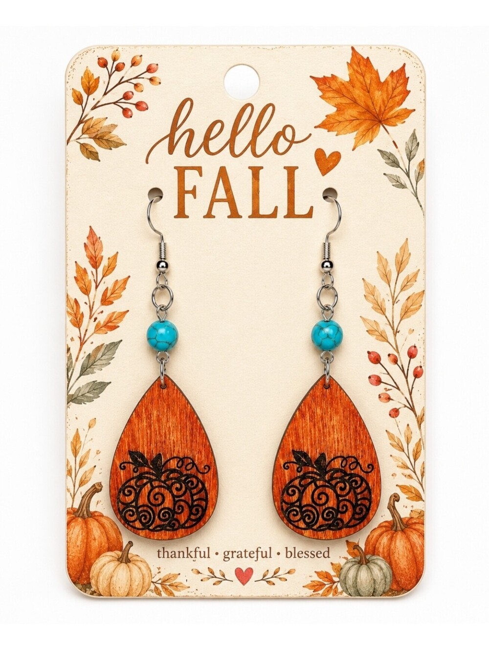 Fall Thanksgiving Pumpkin Wood Earrings